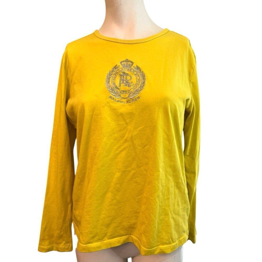 Lauren Ralph Lauren Womens Large Yellow Long Sleeve Top Silver LRL Embroidered